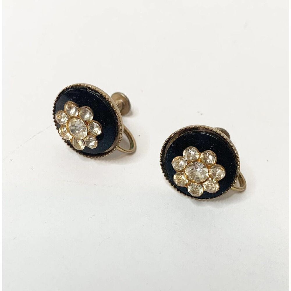 Vintage 3/4 Round Black Back Clear Rhinestone Flower Clip on Screw Back Earrings